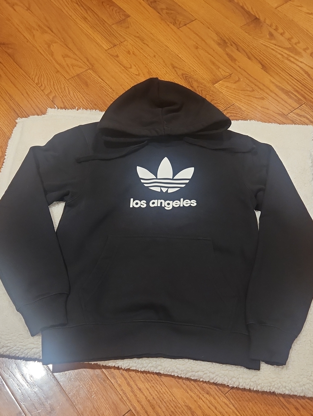 adidas Black Crewneck Hoodie with White Trefoil Los Angeles Logo, Size XSa